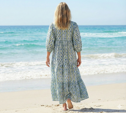 green-blue leaf printed women's long maxi dress