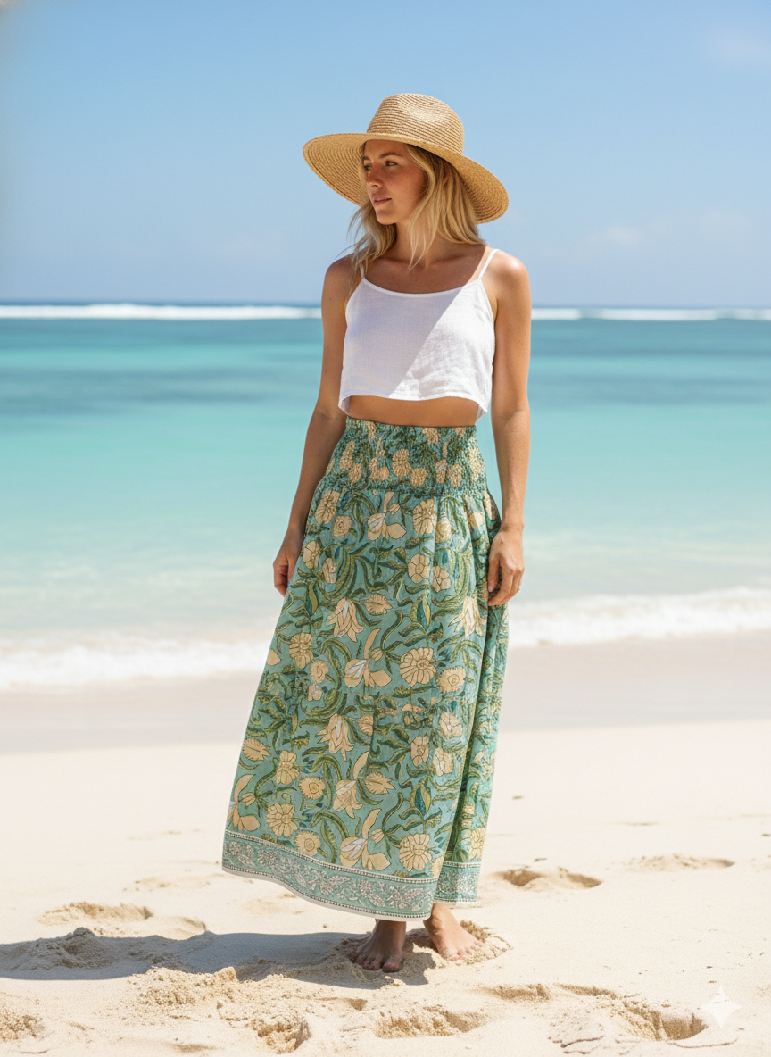summer cotton green yellow floral hand block printed women's maxi skirts