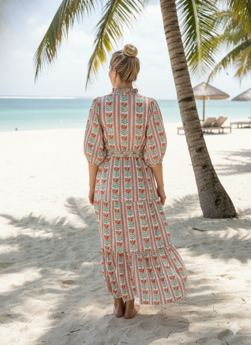 Mint Red Floral Stripe Block Print Cotton Midi Dress – Boho Handmade Tiered Dress with Puff Sleeves