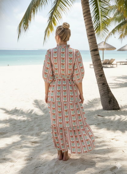 Mint Red Floral Stripe Block Print Cotton Midi Dress – Boho Handmade Tiered Dress with Puff Sleeves
