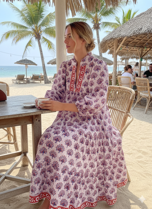 White Purple Floral Block Print Cotton Midi Dress – Boho Handmade Tiered Dress with Puff Sleeves & Red Contrast Yoke