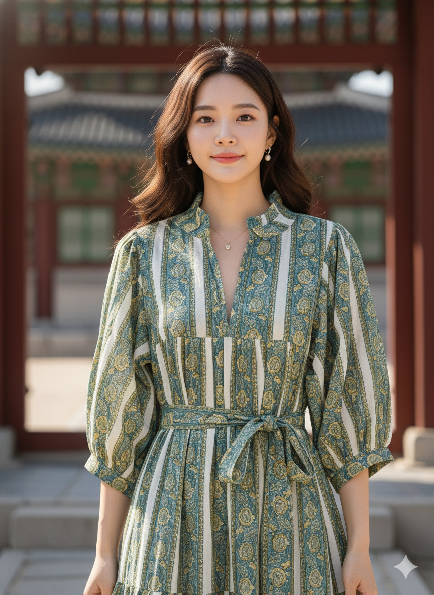 Sage Green Floral Striped Hand Block Printed Cotton Midi Dress by the Yard – Free Shipping