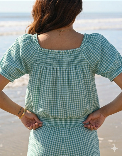 Turquoise Gingham Cotton Lounge Set – Puff Sleeve Smocked Top & Shorts