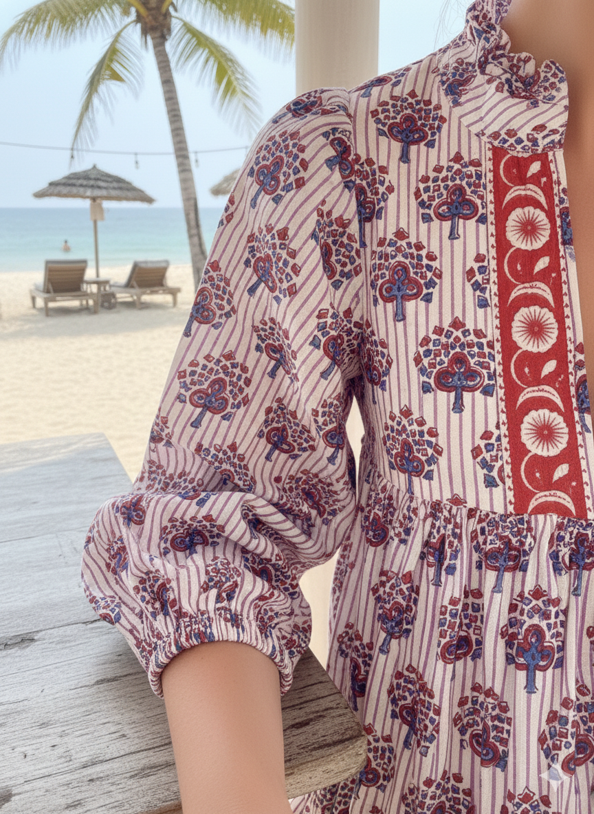 White Purple Floral Block Print Cotton Midi Dress – Boho Handmade Tiered Dress with Puff Sleeves & Red Contrast Yoke