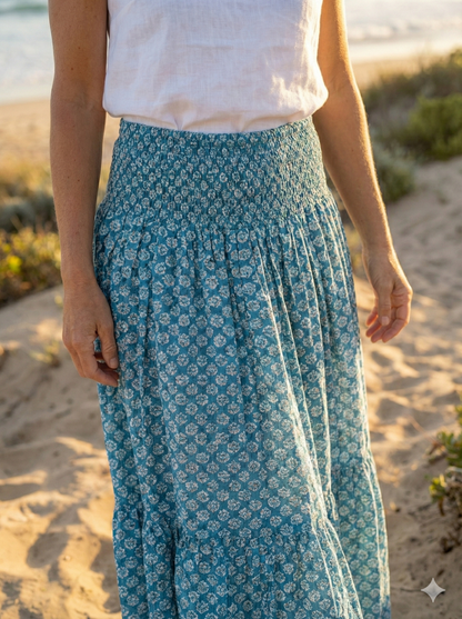 indian green blue floral hand block printed women's maxi skirts