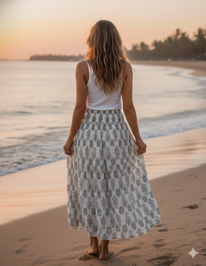 White Grey Floral Block Print Cotton Smocked Dress – Handcrafted Boho Midi Sundress