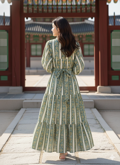 Sage Green Floral Striped Hand Block Printed Cotton Midi Dress by the Yard – Free Shipping