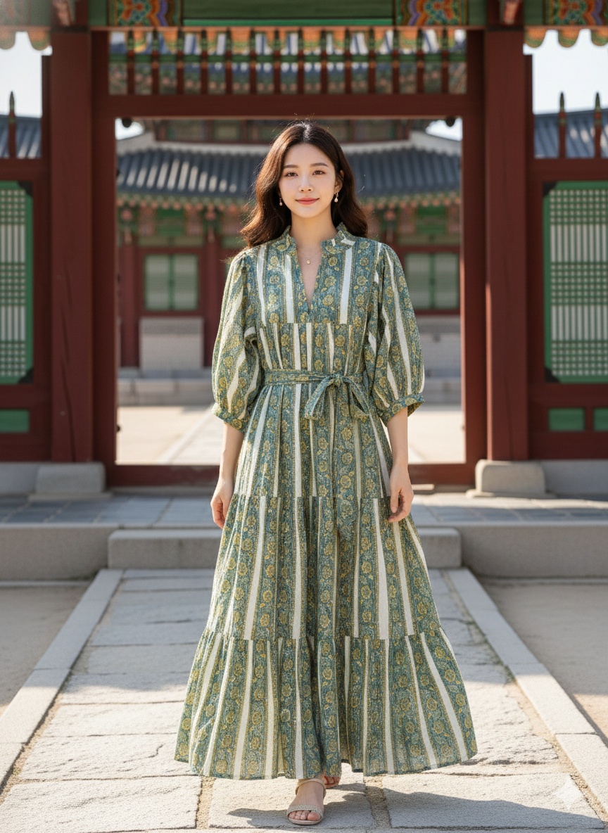 Sage Green Floral Striped Hand Block Printed Cotton Midi Dress by the Yard – Free Shipping