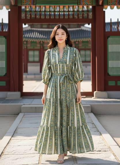 Sage Green Floral Striped Hand Block Printed Cotton Midi Dress by the Yard – Free Shipping