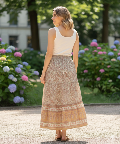 Beige Floral Screen Printed Cotton Maxi Skirt – Elastic Waist Boho Indian Tiered Skirt