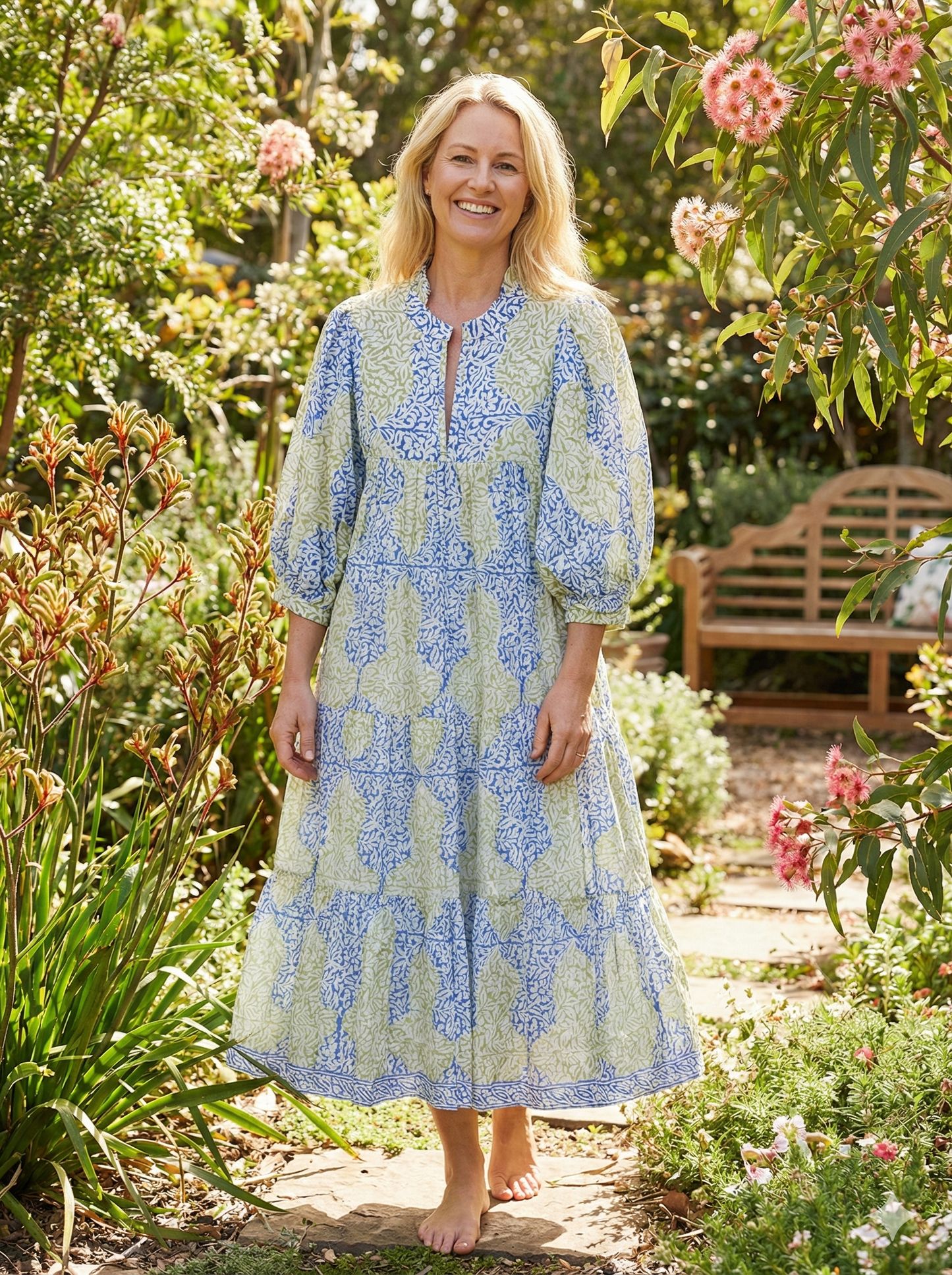 stylish blue-yellow pattern printed women's maxi dress