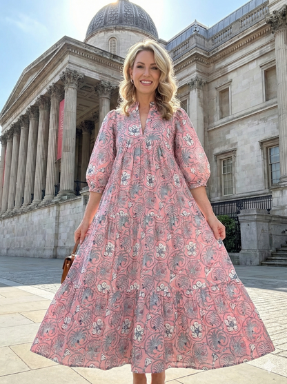 bohemian pink-blue floral printed women's maxi dress - V neckline with belt long dress