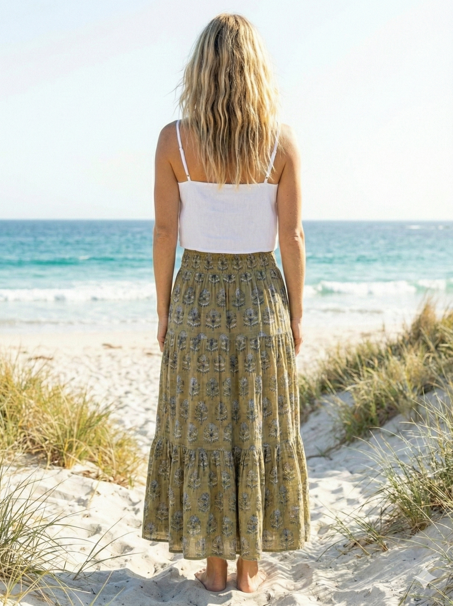 Olive Green Floral Block Print Cotton Smocked Dress – Handcrafted Boho Midi Sundress