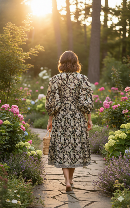 Black Beige Floral Block Print Cotton Midi Dress – Boho Handmade Tiered Dress with Puff Sleeves & Contrast Yoke