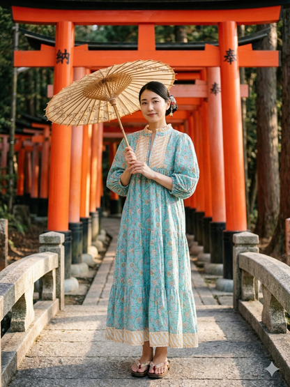 Turquoise Floral Hand Block Print Cotton Maxi Dress – Boho Puff Sleeve Tiered Dress