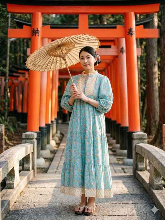 Turquoise Floral Hand Block Print Cotton Maxi Dress – Boho Puff Sleeve Tiered Dress