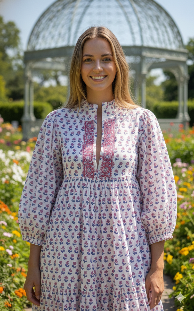 White Red Floral Block Print Cotton Dress – Handmade Boho Midi Dress with Puff Sleeves – Free Shipping