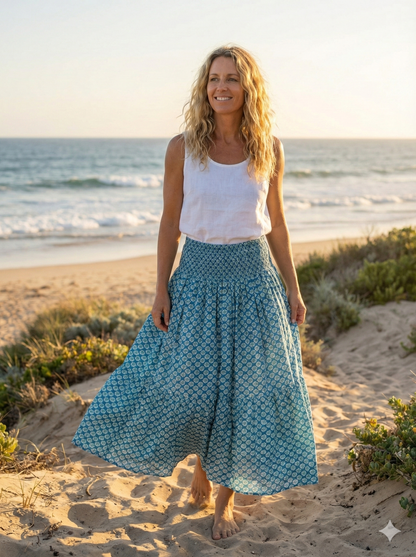 indian green blue floral hand block printed women's maxi skirts