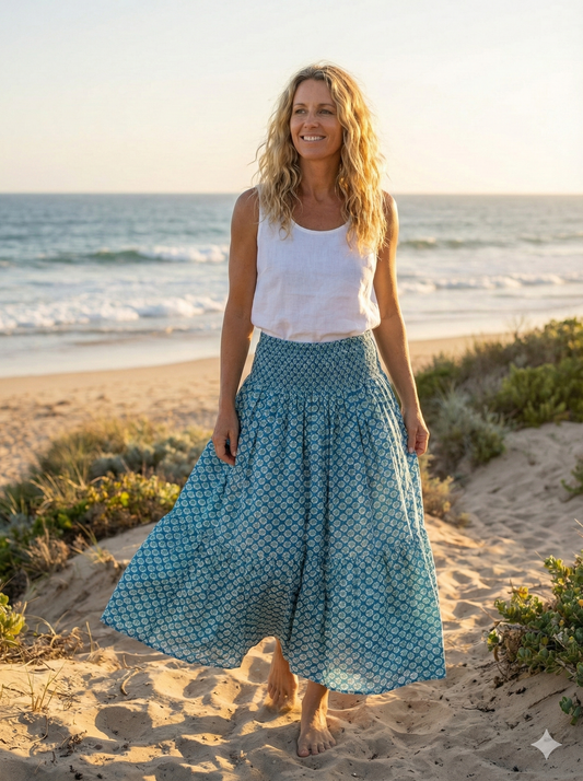indian green blue floral hand block printed women's maxi skirts