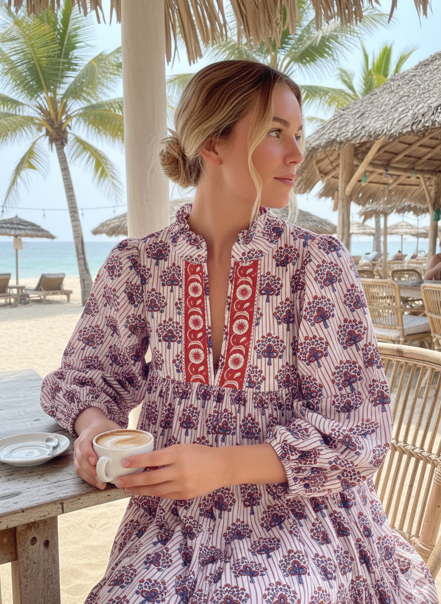 White Purple Floral Block Print Cotton Midi Dress – Boho Handmade Tiered Dress with Puff Sleeves & Red Contrast Yoke