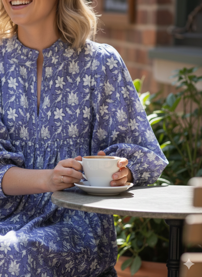 Lavender White Floral Hand Block Printed Cotton Midi Dress – Boho Puff Sleeve Ruffle Neck Tiered Dress – Indian Summer Dress for Women