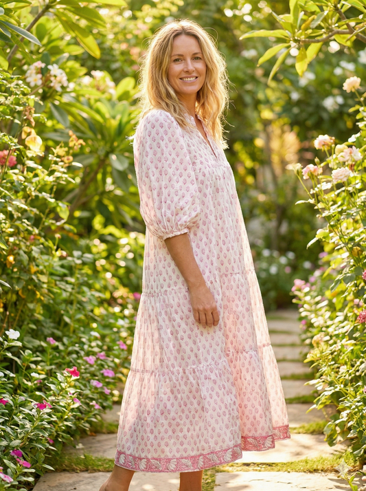 pink floral pattern printed women's maxi dress