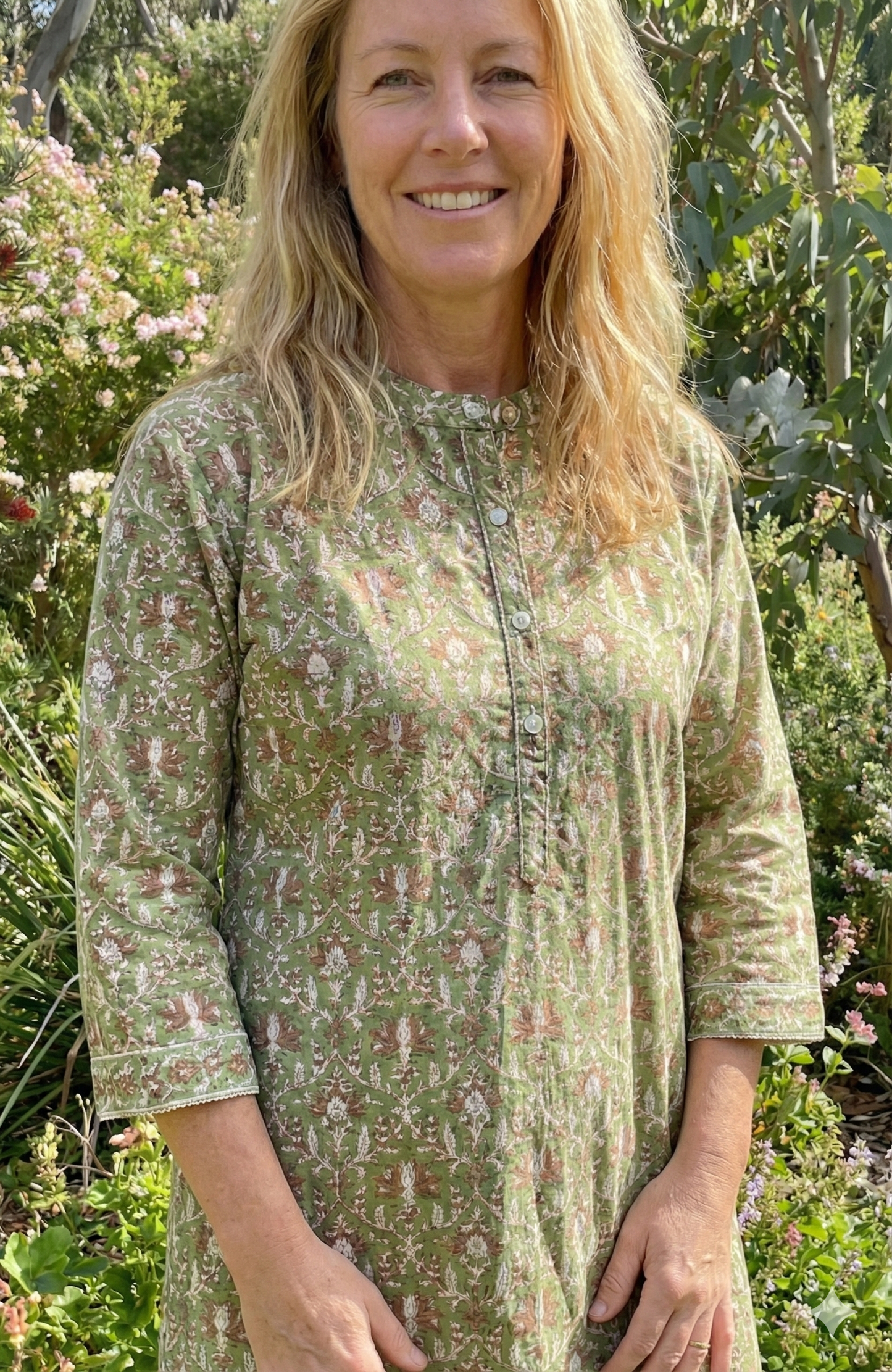 Olive Green Floral Hand Block Printed Cotton Kurta – Women’s Indian Tunic
