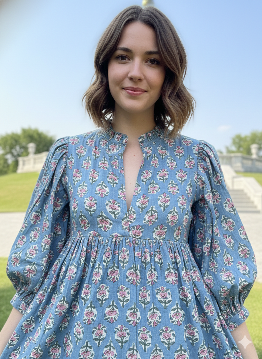 blue-red floral pattern printed women's maxi dress