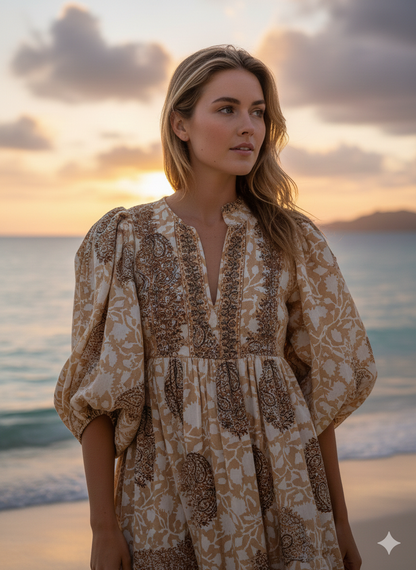 Beige Brown Floral Block Print Cotton Midi Dress – Handcrafted Boho Dress with Puff Sleeves