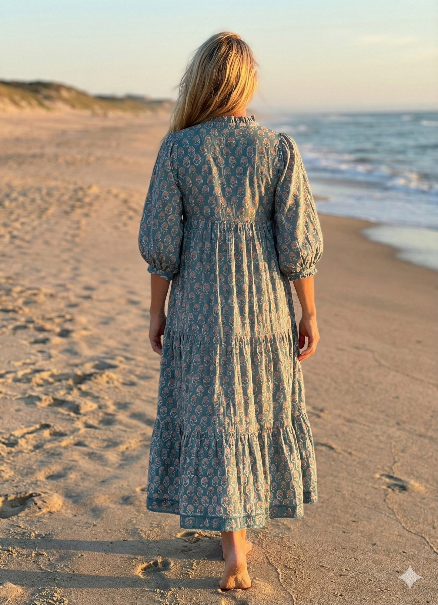 Teal Pink Floral Block Print Cotton Midi Dress – Boho Handmade Tiered Dress with Puff Sleeves
