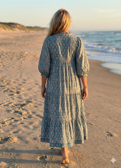 Teal Pink Floral Block Print Cotton Midi Dress – Boho Handmade Tiered Dress with Puff Sleeves