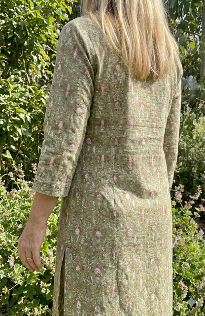 Olive Green Floral Hand Block Printed Cotton Kurta – Women’s Indian Tunic