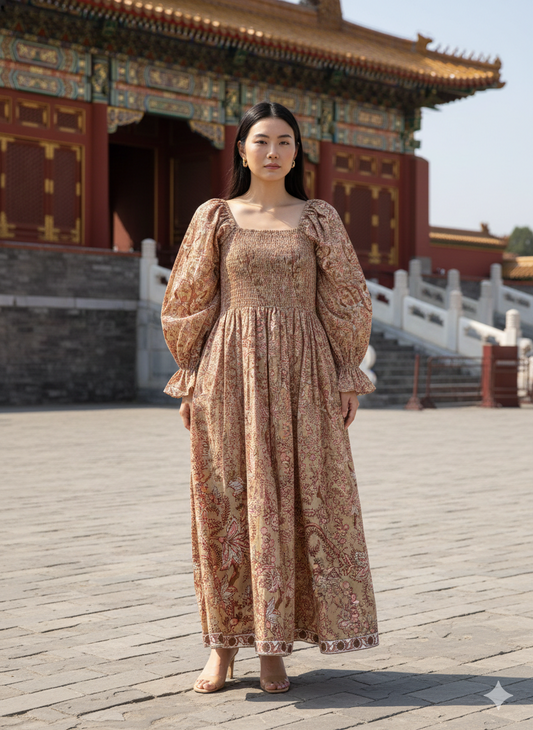 Tan Pink Floral Hand Block Printed Cotton Maxi Dress – Square Neck Bohemian Dress
