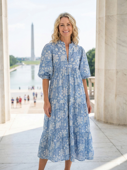 Light Blue Floral Block Print Cotton Midi Dress – Boho Indian Handmade Tiered Dress with Puffy Sleeves