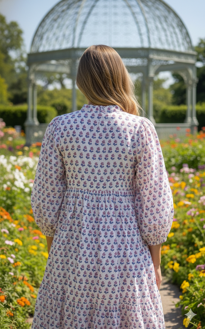 White Red Floral Block Print Cotton Dress – Handmade Boho Midi Dress with Puff Sleeves – Free Shipping