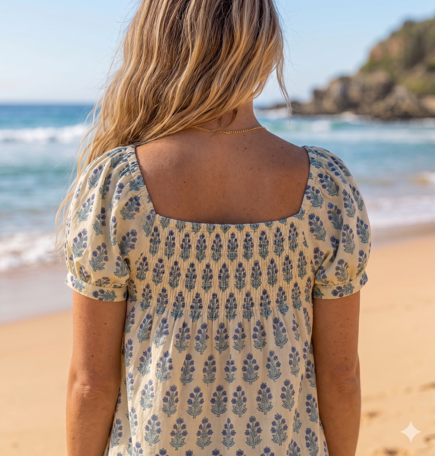 Blue Botanical Pajama Co-Ord Set - Smocked Puff Sleeve Top & Relaxed Shorts