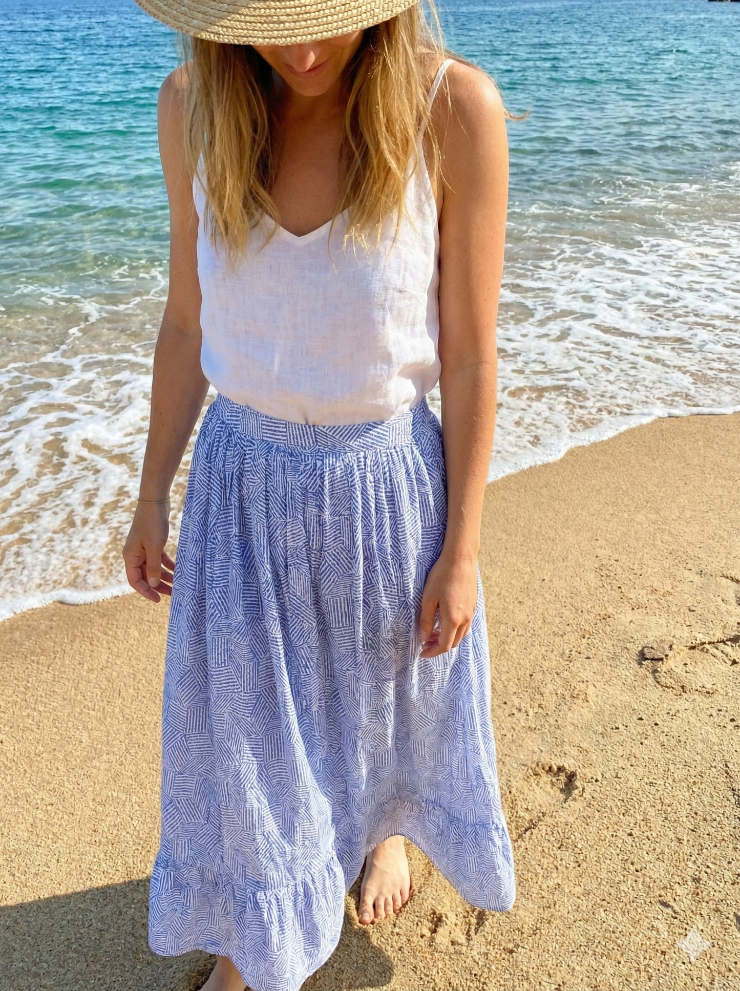 Blue White Geometric Block Print Cotton Smocked Dress – Handcrafted Boho Midi Sundress – Free Shipping