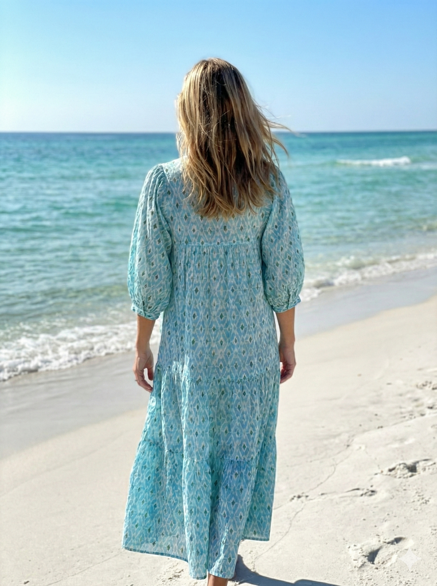 blue geometrical pattern printed women's maxi dress
