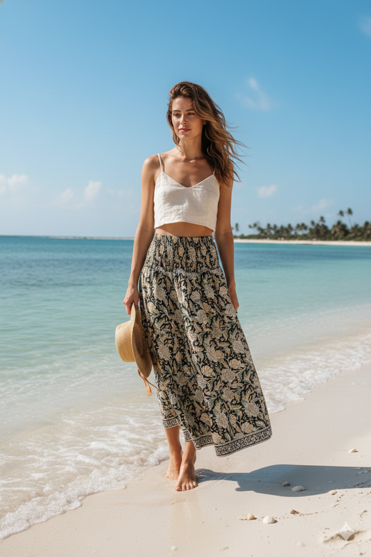 Black Beige Floral Block Print Cotton Smocked Dress – Handcrafted Boho Midi Sundress – Free Shipping