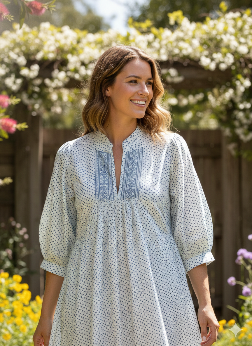 white and blue dotted maxi dress with belt