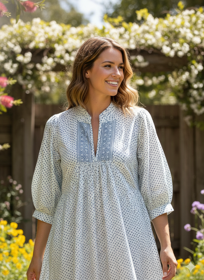 white and blue dotted maxi dress with belt