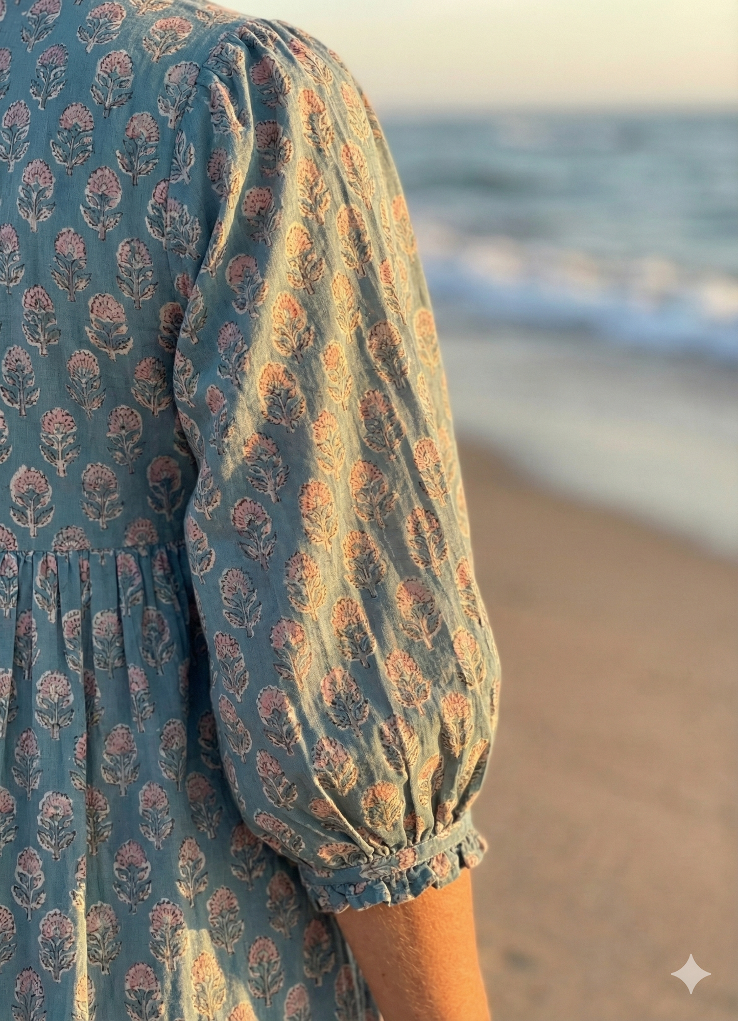 Teal Pink Floral Block Print Cotton Midi Dress – Boho Handmade Tiered Dress with Puff Sleeves