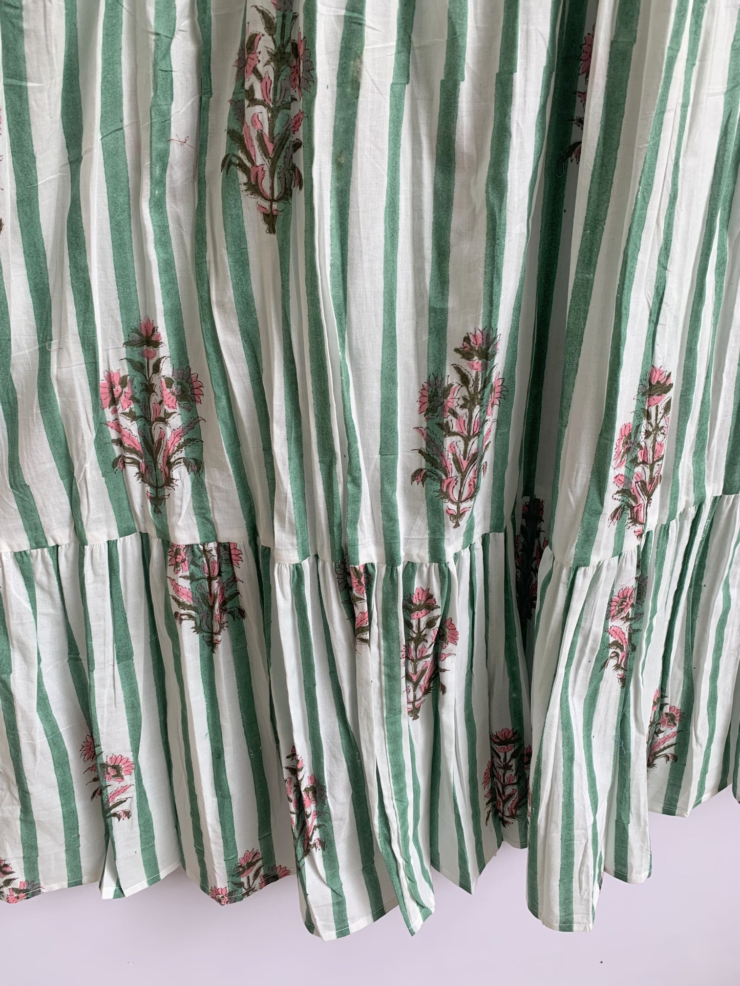 Green White Striped Floral Hand Block Printed Cotton Dress – Puff Sleeve Boho Tiered Midi Dress