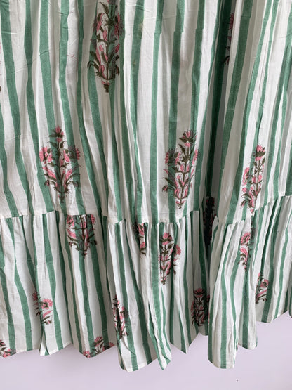 Green White Striped Floral Hand Block Printed Cotton Dress – Puff Sleeve Boho Tiered Midi Dress