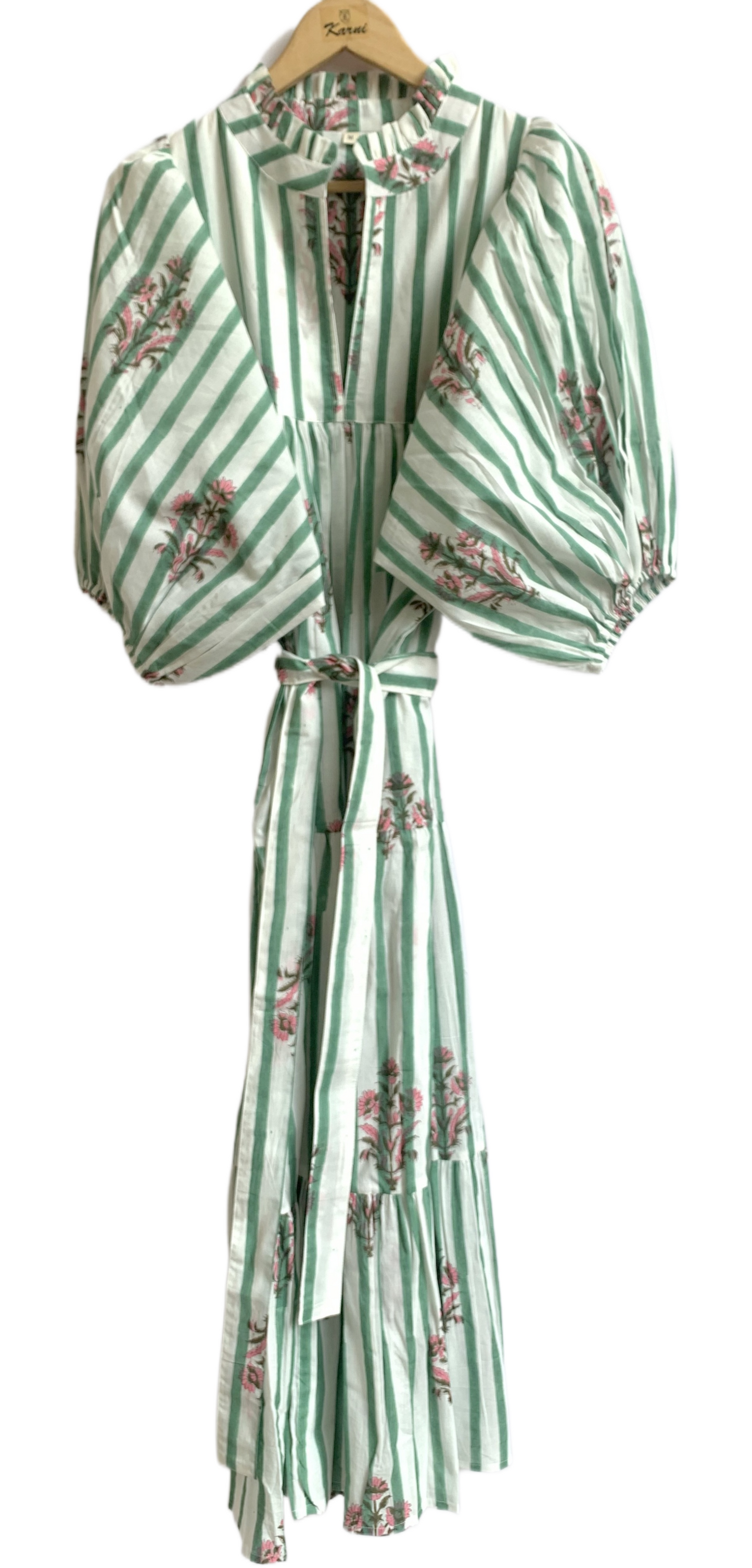 Green White Striped Floral Hand Block Printed Cotton Dress – Puff Sleeve Boho Tiered Midi Dress