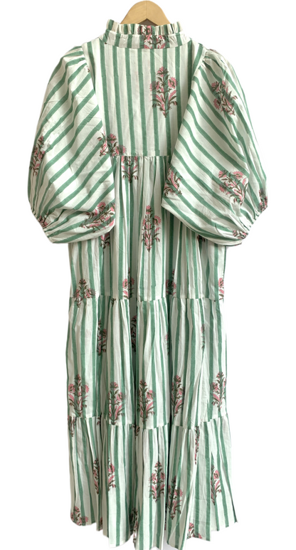 Green White Striped Floral Hand Block Printed Cotton Dress – Puff Sleeve Boho Tiered Midi Dress