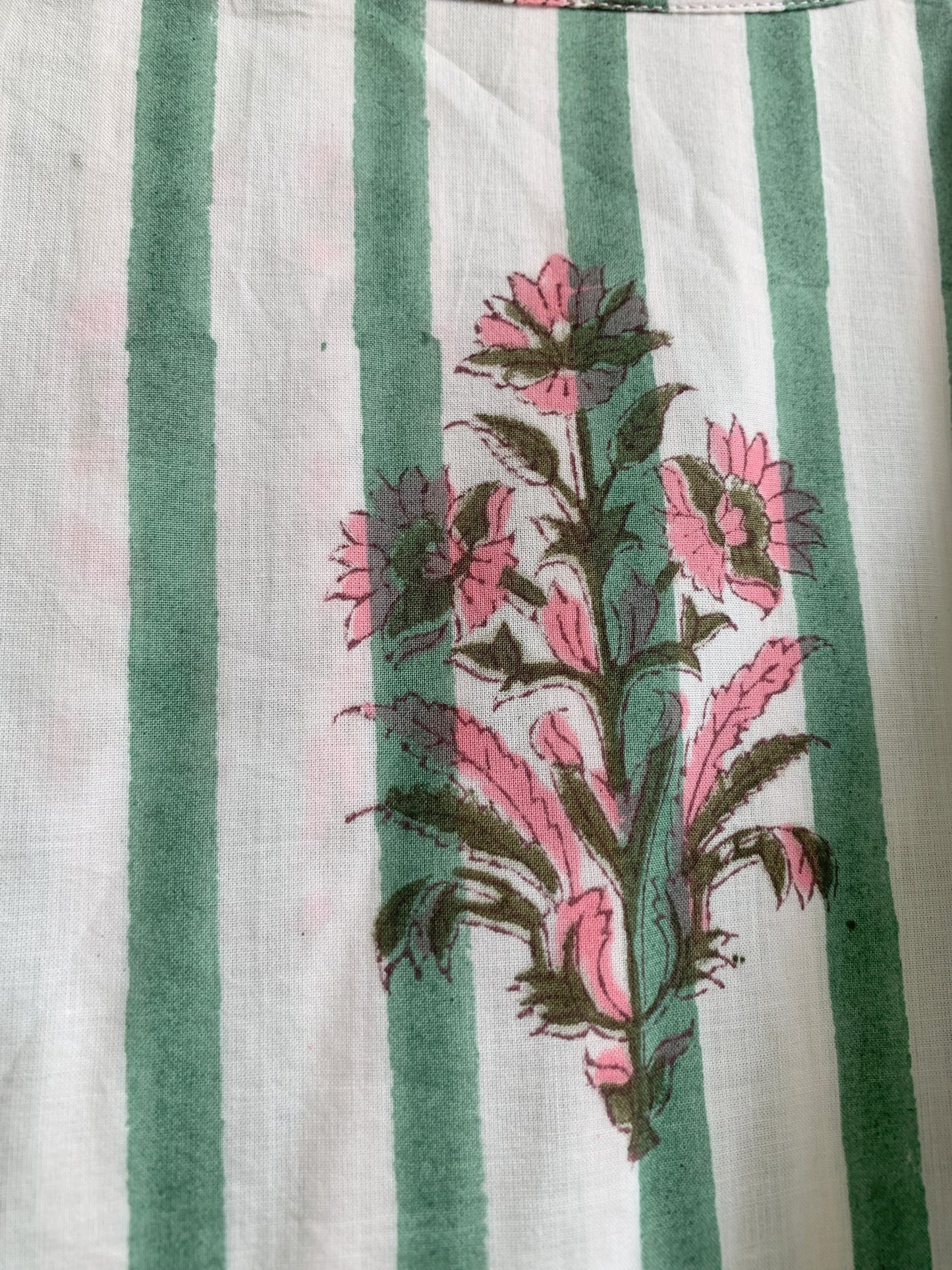 Green White Striped Floral Hand Block Printed Cotton Dress – Puff Sleeve Boho Tiered Midi Dress