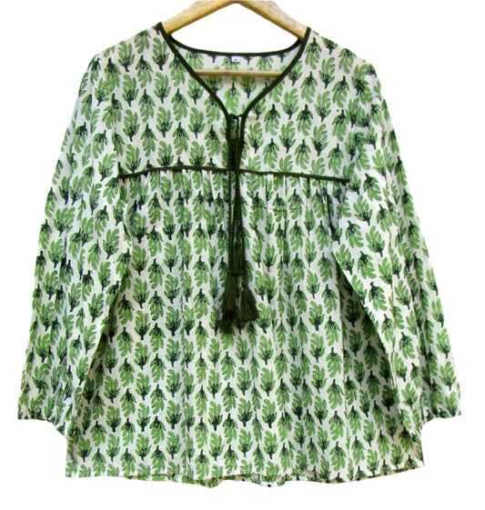 green block printed womens blouse with tassels