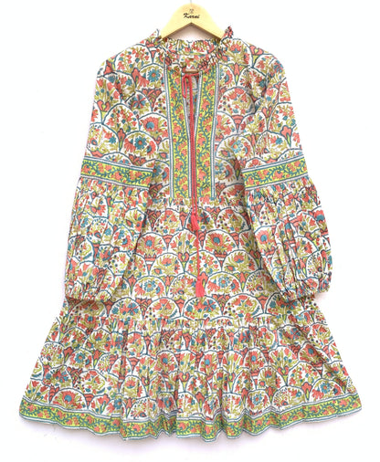 Multicolor Floral Hand Block Printed Cotton Mini Dress – Boho Puff Sleeve Indian Dress