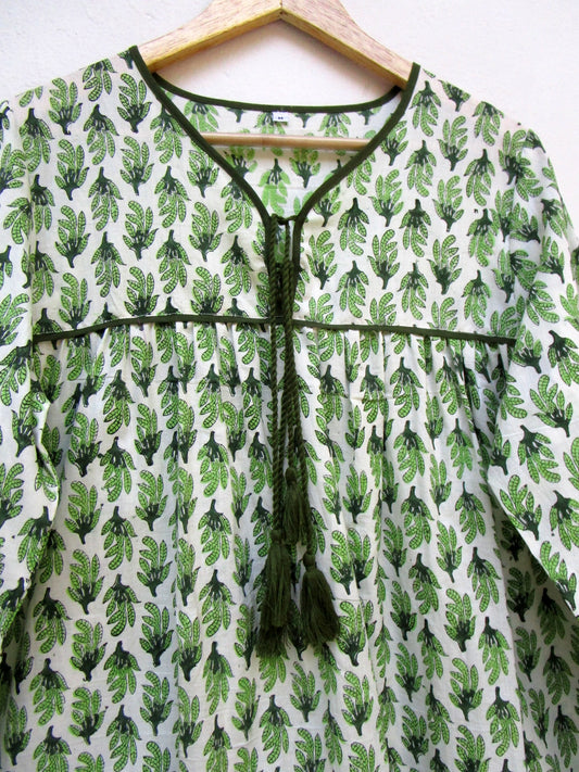 green block printed womens blouse with tassels